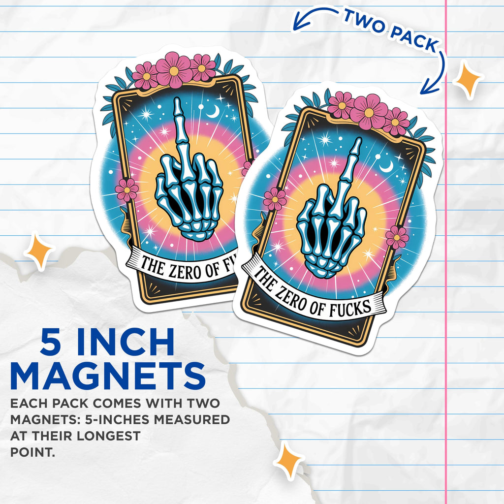 (2 Pack) Skeleton Middle Finger Magnets - Zero Fucks Given Statement - Sarcastic Tarot Art - Rebellious Celestial Decor - 5 Inches On Longest Side - Thick Durable Magnet - Made in USA - MAG21921