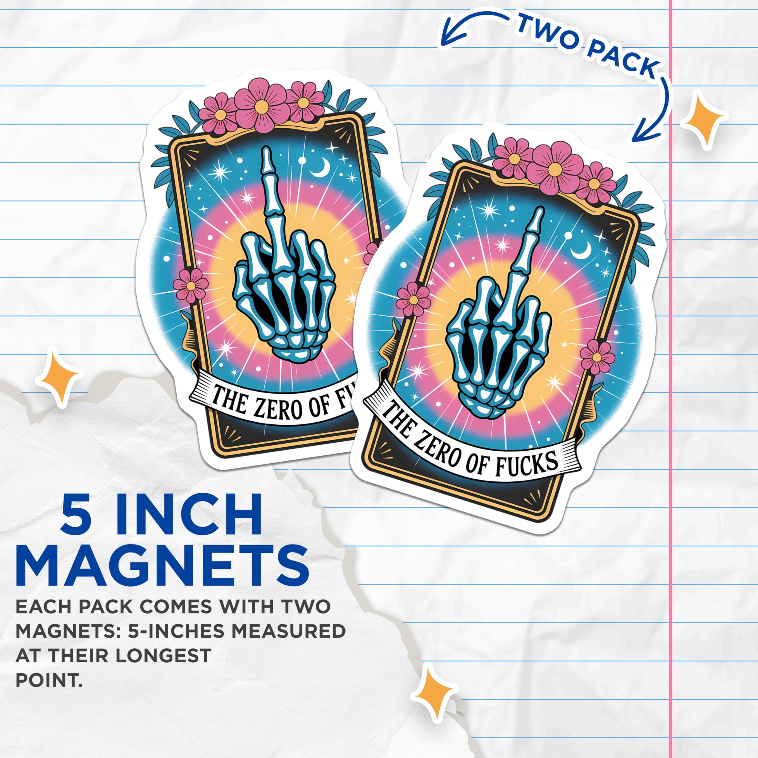 (2 Pack) Skeleton Middle Finger Magnets - Zero Fucks Given Statement - Sarcastic Tarot Art - Rebellious Celestial Decor - 5 Inches On Longest Side - Thick Durable Magnet - Made in USA - MAG21921
