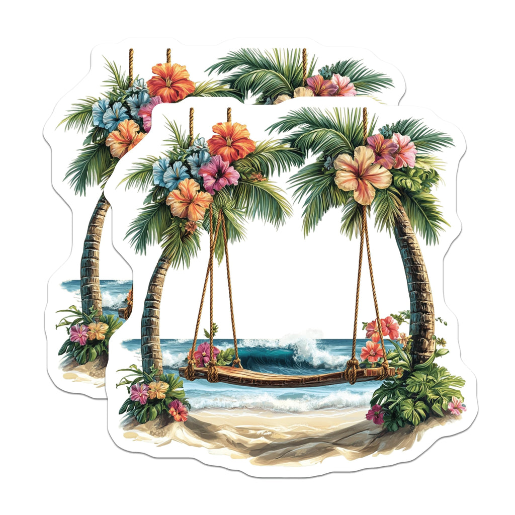 (2 Pack) Tropical Beach Magnets - Palm Tree Swing Art - Ocean Waves Decor - 5 Inches On Longest Side - Thick Durable Magnet - Made in USA - MAG19653