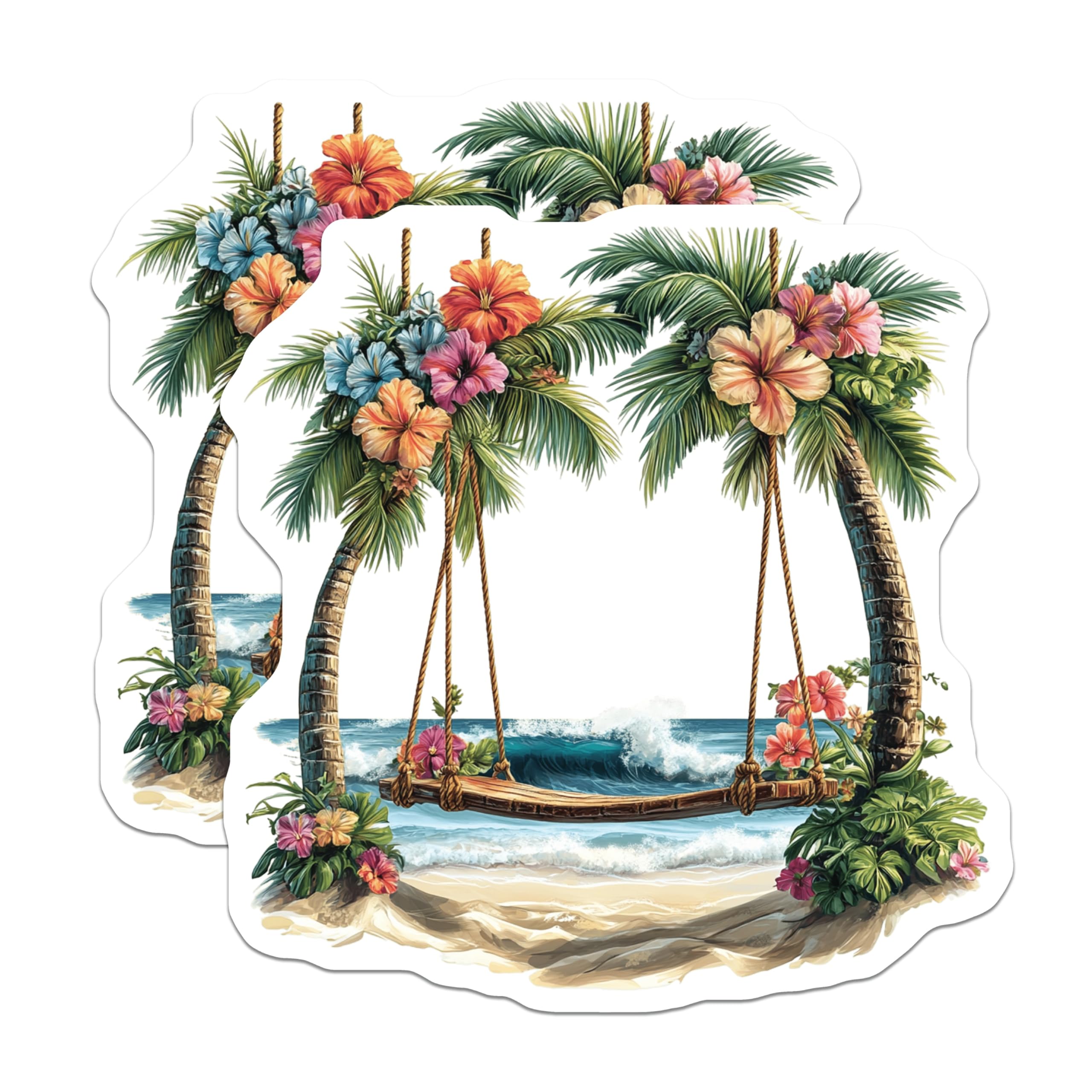 (2 Pack) Tropical Beach Magnets - Palm Tree Swing Art - Ocean Waves Decor - 5 Inches On Longest Side - Thick Durable Magnet - Made in USA - MAG19653