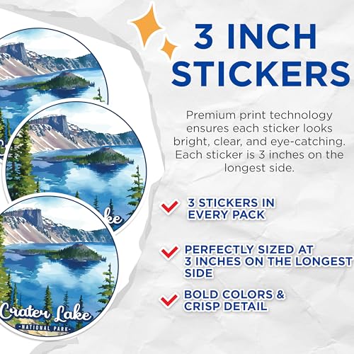 (3 Pack) Crater Lake Decals - National Park Decal - Travel Decals - 3 Inches On Longest Side - Easy Peel & Apply - Made in USA - 3MCS0494