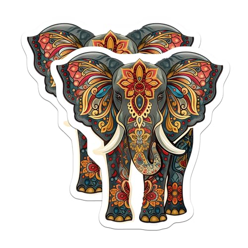 (2 Pack) Elephant Mandala Stickers - Colorful Elephant Decal - Ornate Animal Art Stickers - 5" On Longest Side - Sticks to Smooth Flat Surfaces - Made in USA - BMCS4650