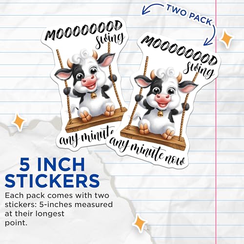 (2 Pack) Funny Cow Stickers - Cute Animal - Mood Swing - 5" On Longest Side - Sticks to Smooth Flat Surfaces - Made in USA - BMCS9802