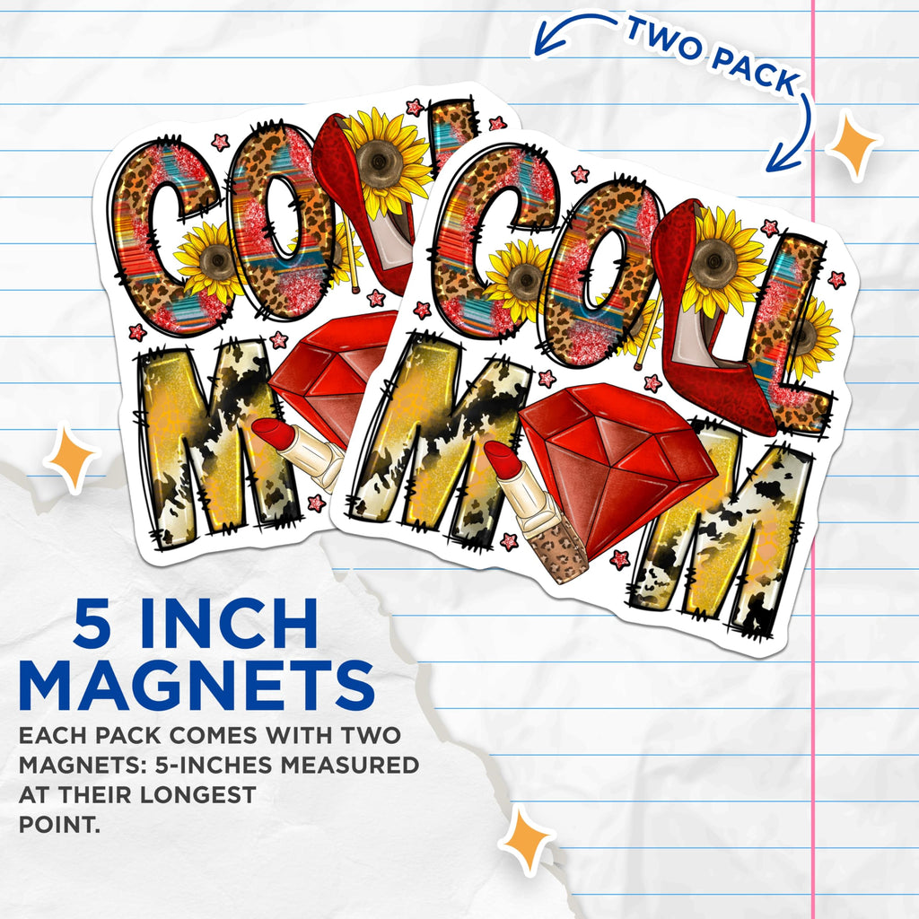 (2 Pack) Cool Mom Magnets - Western Leopard Print Boho - Sassy Mama Fridge Decor - Sunflower Cow Accents - 5 Inches On Longest Side - Thick Durable Magnet - Made in USA - MAG25283