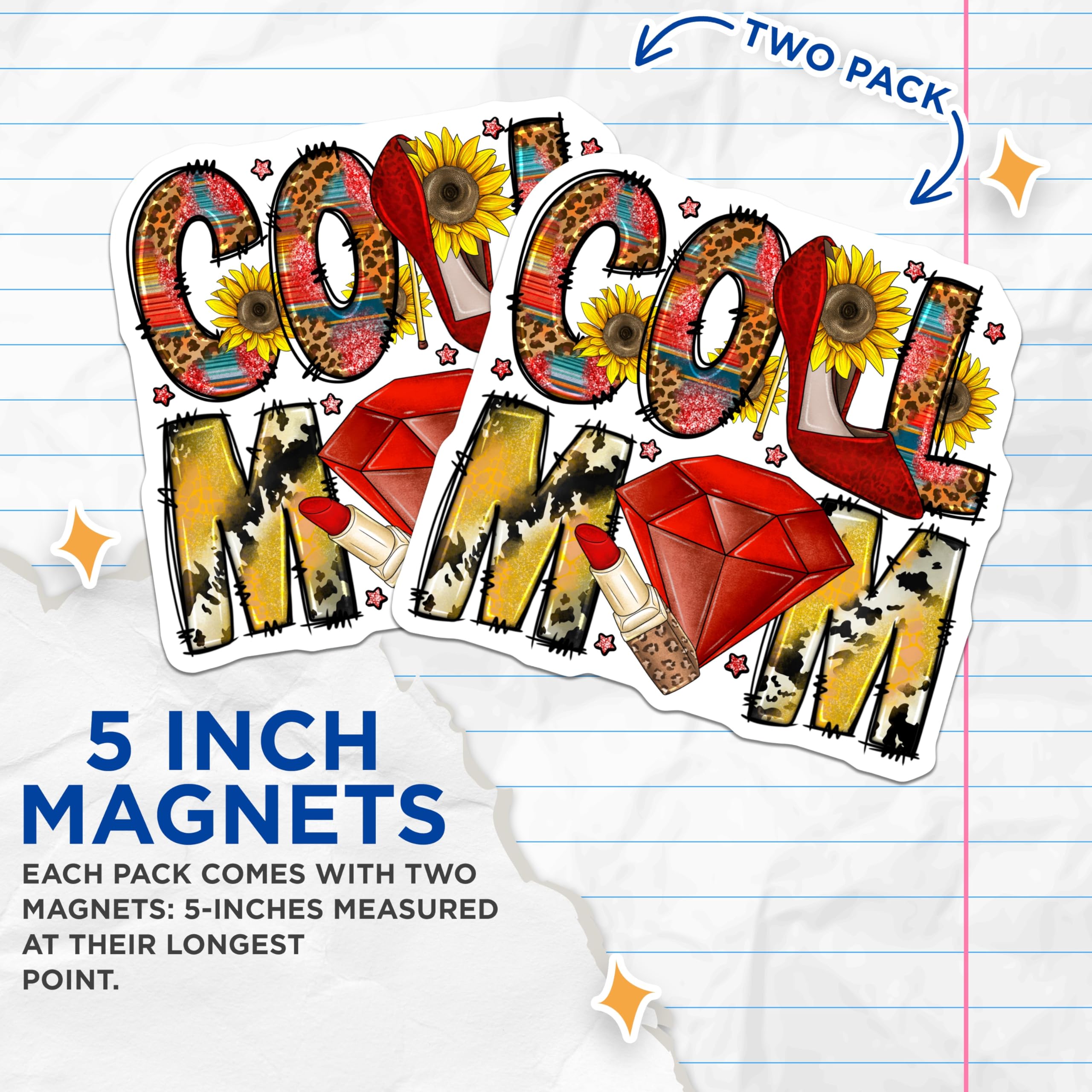 (2 Pack) Cool Mom Magnets - Western Leopard Print Boho - Sassy Mama Fridge Decor - Sunflower Cow Accents - 5 Inches On Longest Side - Thick Durable Magnet - Made in USA - MAG25283