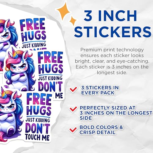 (3 Pack) Grumpy Unicorn Decals - Funny Unicorn - Sarcastic Decal - 3 Inches On Longest Side - Easy Peel & Apply - Made in USA - 3MCS2119