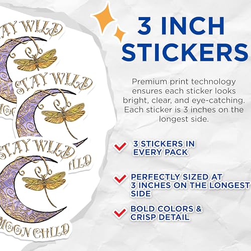 (3 Pack) Dragonfly Decals - Moon Child - Stay Wild Decals - Laptop Decal - 3 Inches On Longest Side - Easy Peel & Apply - Made in USA - 3MCS2958