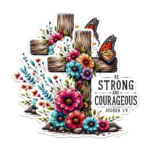 (2 Pack) Be Strong and Courageous Stickers - Inspirational Cross Stickers - Faith and Courage Stickers - 5" On Longest Side - Sticks to Any Smooth Flat Surface - Made in USA - BMCS2843