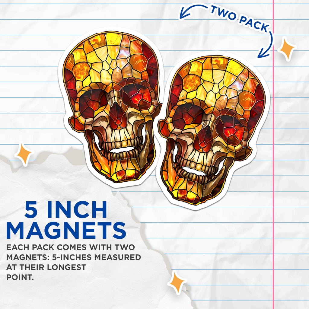 (2 Pack) Stained Glass Skull Magnets - Halloween Decor - Spooky Home Accent - 5" On Longest Side - Premium Magnet - for Cars, Refrigerators, Toolboxes, Lockers - Made in USA - MAG17080