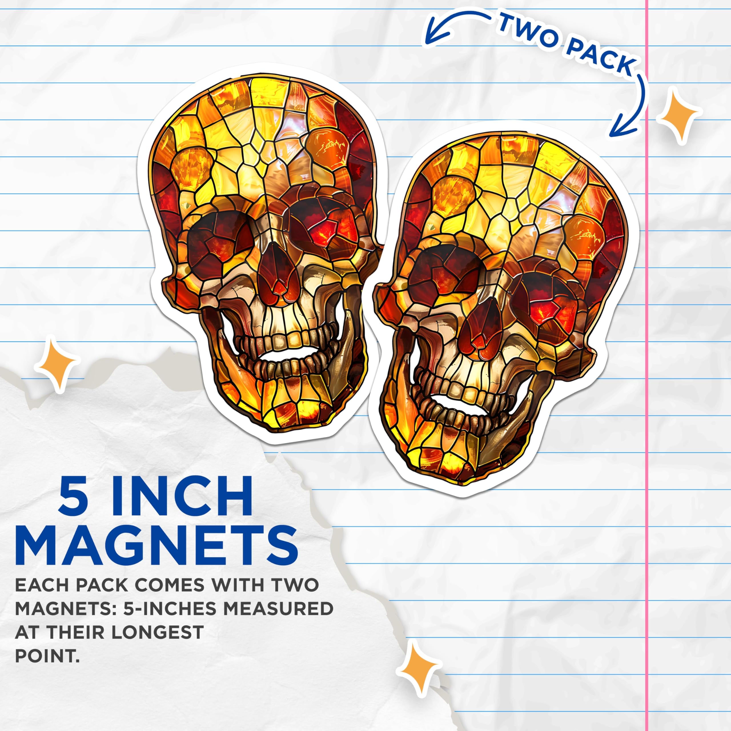 (2 Pack) Stained Glass Skull Magnets - Halloween Decor - Spooky Home Accent - 5" On Longest Side - Premium Magnet - for Cars, Refrigerators, Toolboxes, Lockers - Made in USA - MAG17080