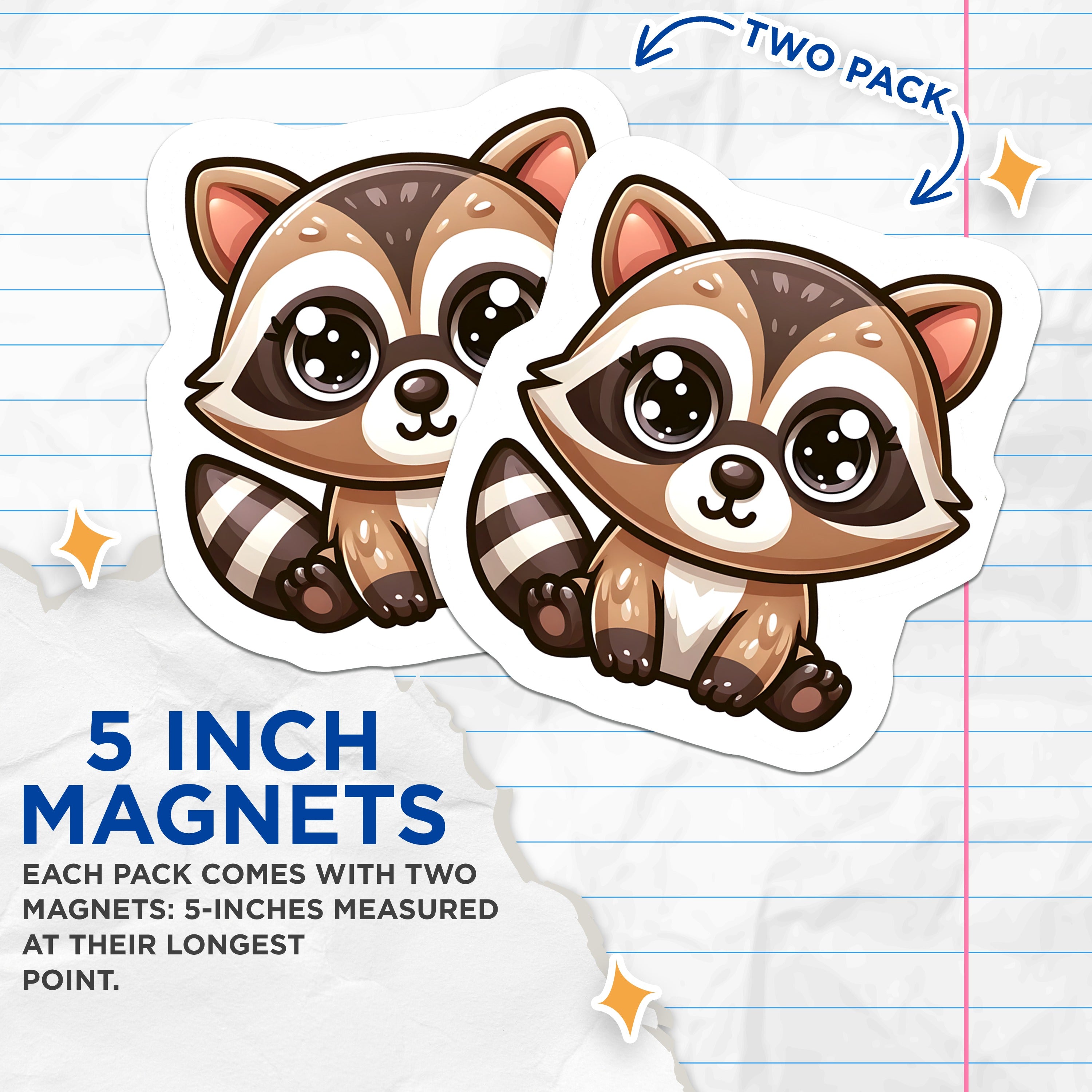 (2 Pack) Cute Raccoon Magnets - Kawaii Woodland Critter Decor - Animal Lover Fridge Accent - 5 Inches On Longest Side - Thick Durable Magnet - Made in USA - MAG37489
