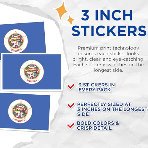 (3 Pack) Minnesota State Flag Decals - MN Pride - Laptop Decal - 3 Inches On Longest Side - Easy Peel & Apply - Made in USA - 3MCS0195