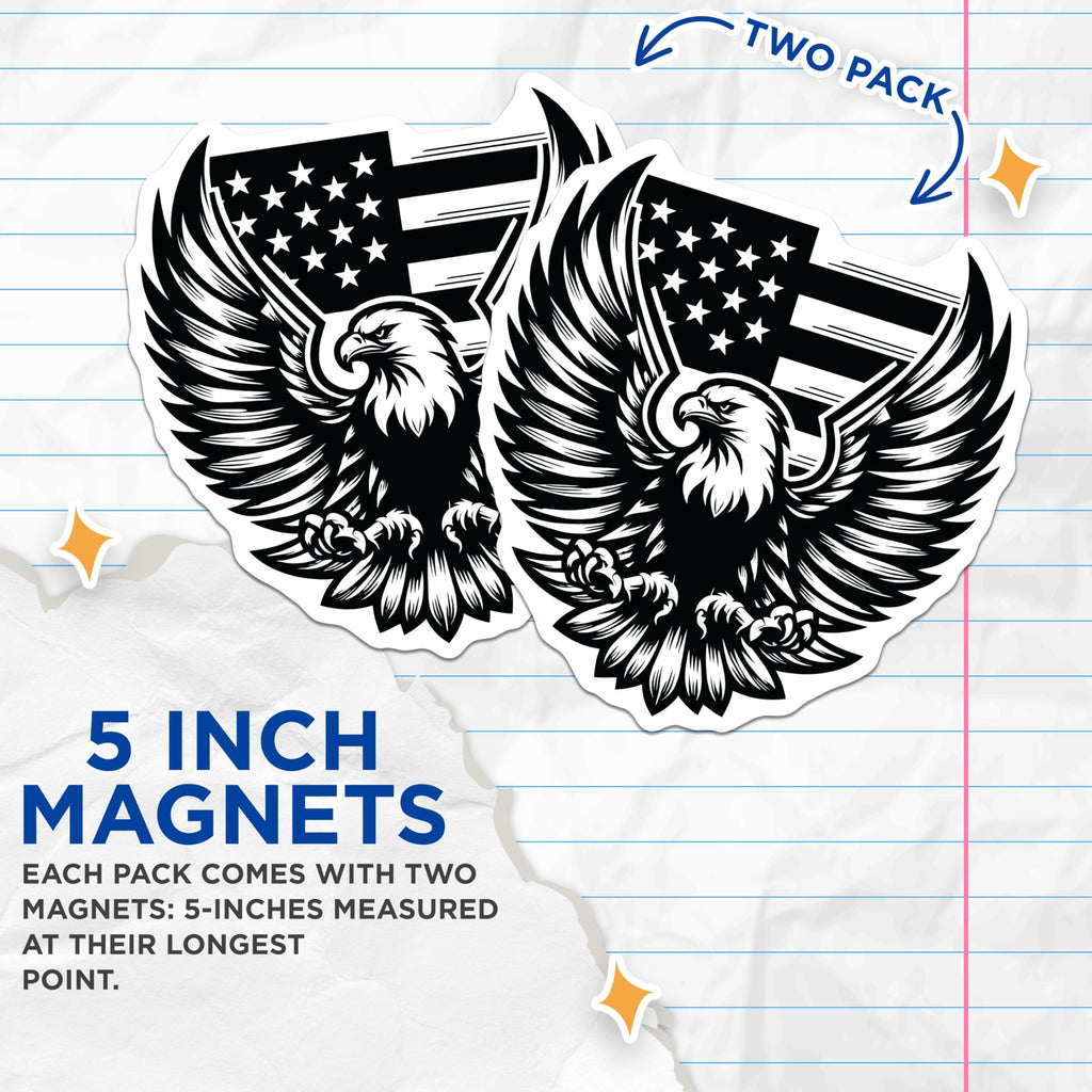 (2 Pack) American Eagle Flag Magnets - USA Patriotic Emblem - Fridge Locker Decor - 5" On Longest Side - Premium Magnet - for Cars, Refrigerators, Toolboxes, Lockers - Made in USA - MAG16708