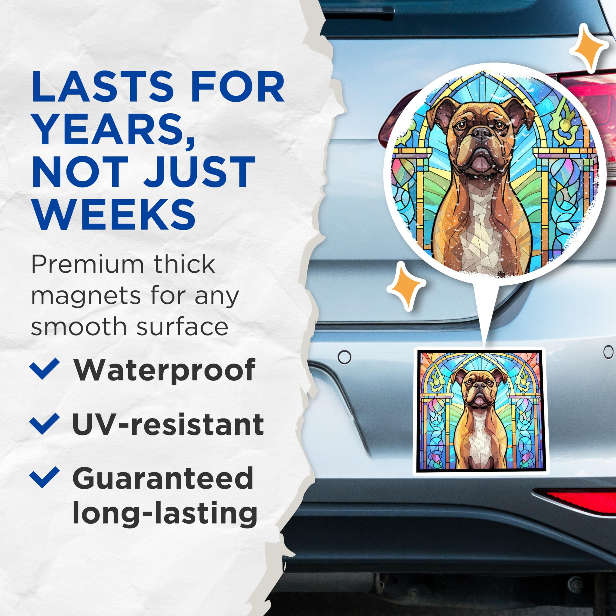 (2 Pack) Boxer Dog Magnets - Stained Glass Style - Unique Art Decoration - 5" On Longest Side - Premium Magnet - for Cars, Refrigerators, Toolboxes, Lockers - Made in USA - MAG15909