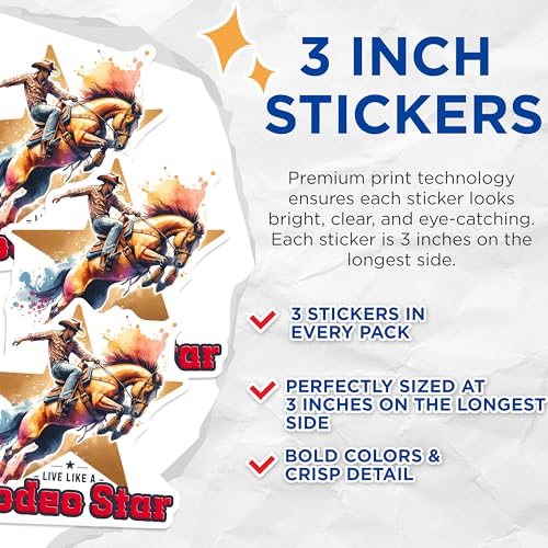 (3 Pack) Rodeo Star Decals - Cowboy Horse Riding - Laptop Decal- 3 Inches On Longest Side - Easy Peel & Apply - Made in USA - 3MCS5937