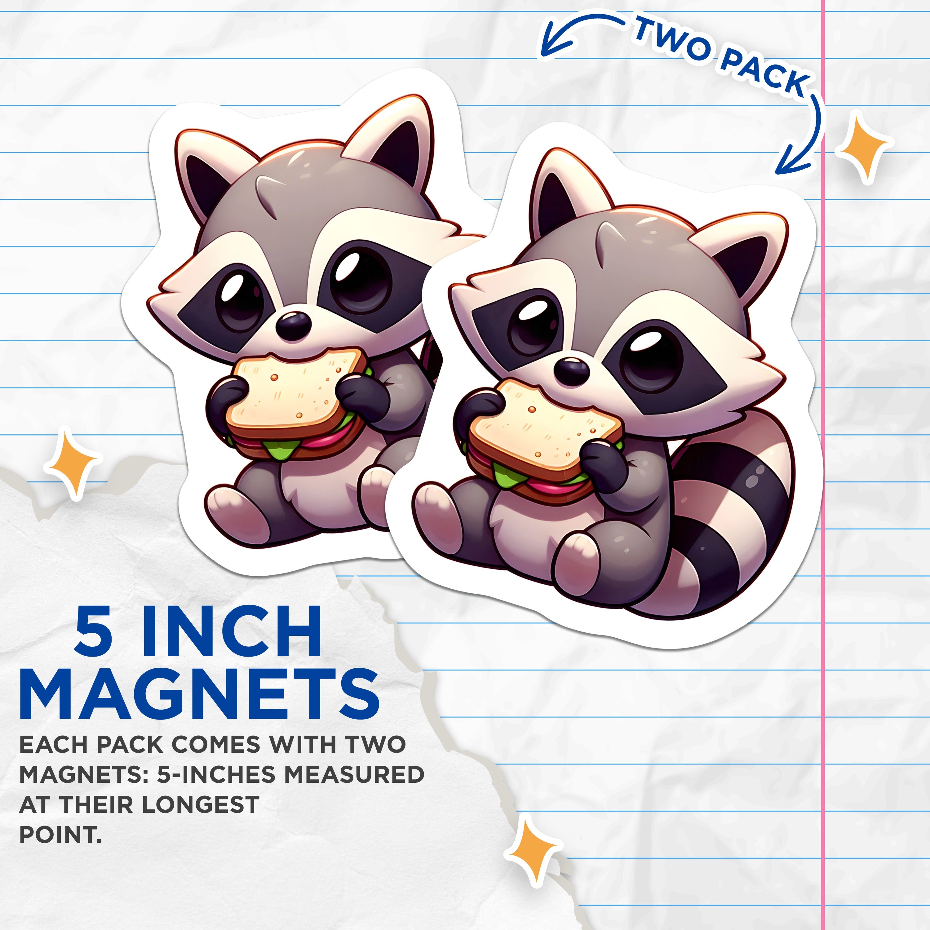 (2 Pack) Raccoon Magnets - Cute Animal Fridge Decor - Sandwich Lover Locker Accents - 5 Inches On Longest Side - Thick Durable Magnet - Made in USA - MAG37811