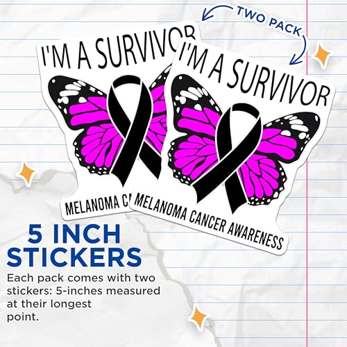 (2 Pack) Melanoma Cancer Awareness Stickers - Survivor Butterfly Stickers - Removable Vinyl Decals - 5" On Longest Side - Sticks to Smooth Flat Surfaces - Made in USA - BMCS5311