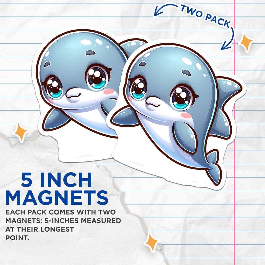 (2 Pack) Cute Dolphin Magnets - Kawaii Animal Fridge Decor - Ocean Nursery Room Decor - Kids Locker Whiteboard - 5 Inches On Longest Side - Thick Durable Magnet - Made in USA - MAG36393