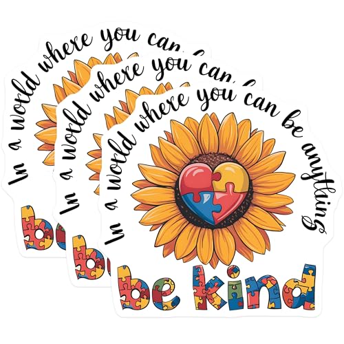 (3 Pack) Autism Awareness Decals - Sunflower Be Kind Sticker - Heart Puzzle Decal - 3 Inches On Longest Side - Easy Peel & Apply - Made in USA - 3MCS8610