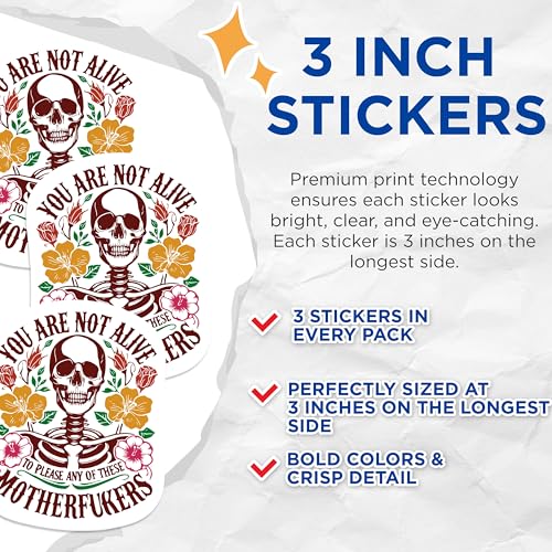 (3 Pack) Floral Skull Decals - Sarcastic Decal - Funny Quote - Decak - 3 Inches On Longest Side - Easy Peel & Apply - Made in USA - 3MCS1066