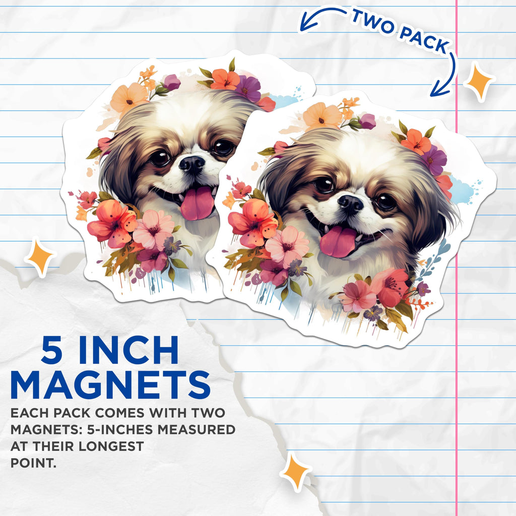 (2 Pack) Happy Shih Tzu Dog Magnets - Smiling Floral Puppy Art - Refrigerator Locker Accent - 5 Inches On Longest Side - Thick Durable Magnet - Made in USA - MAG23997