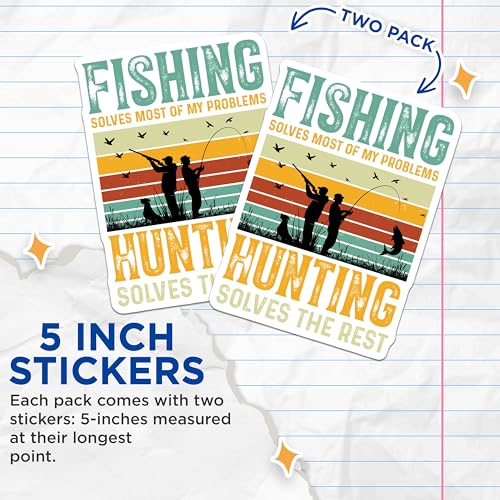 (2 Pack) Fishing Solves Most Problems Stickers - Hunting Solves Rest Stickers - Outdoorsmen Fishing Hunting Decals - 5" On Longest Side - Sticks to Smooth Flat Surfaces - Made in USA - BMCS3992