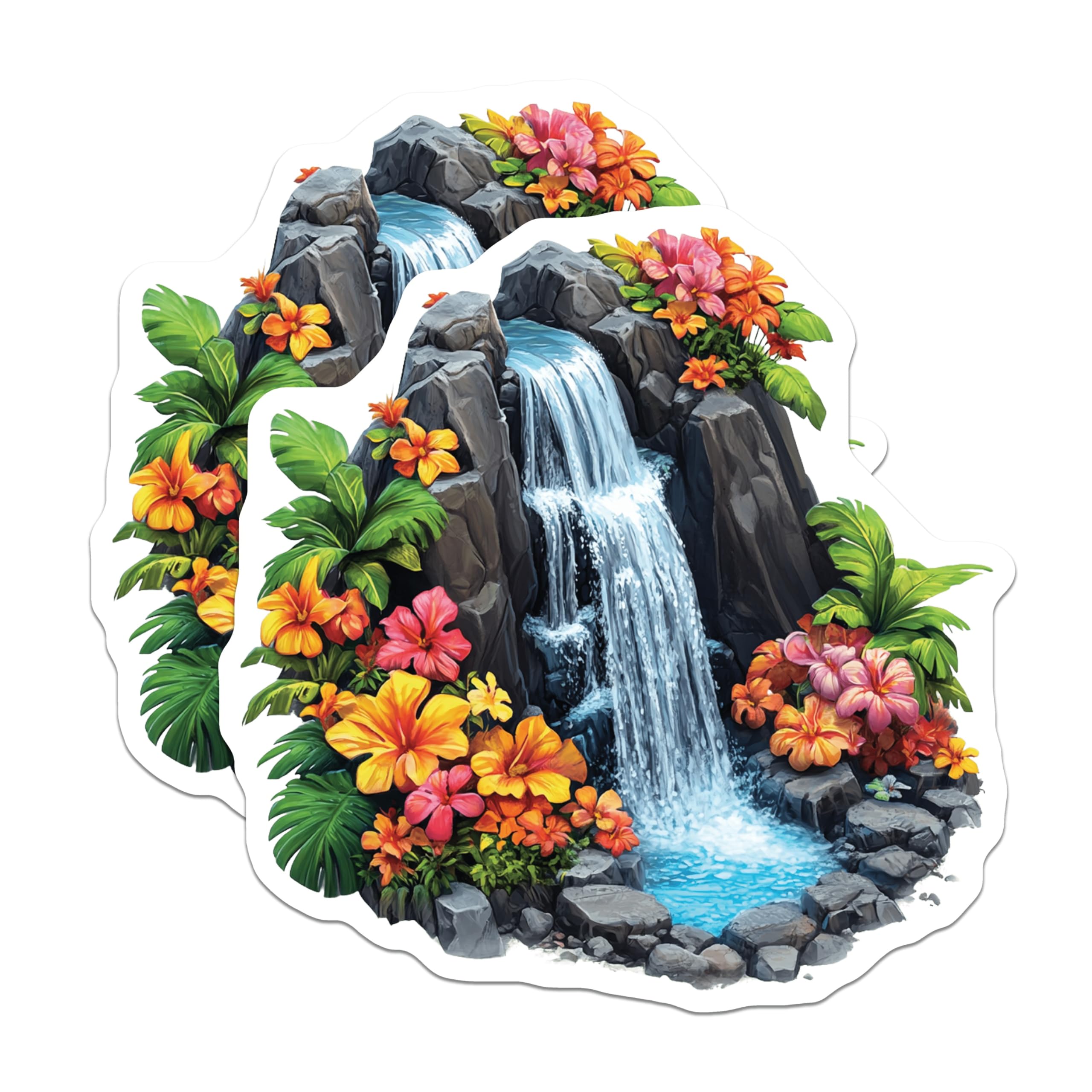 (2 Pack) Tropical Waterfall Magnets - Exotic Floral Scenery - Serene Nature Landscape Decor - 5 Inches On Longest Side - Thick Durable Magnet - Made in USA - MAG19515