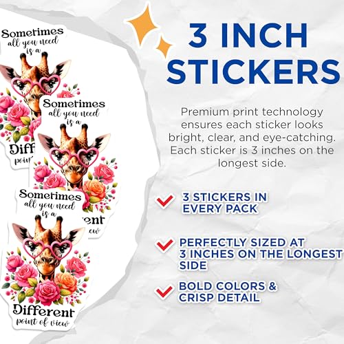 (3 Pack) Giraffe Decals - Heart Glasses - Floral Decals - 3 Inches On Longest Side - Easy Peel & Apply - Made in USA - 3MCS2005
