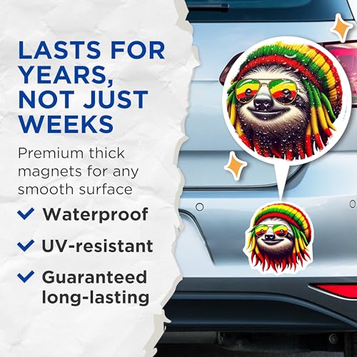 (2 Pack) Sloth Magnets - Funny Sloth Face with Sunglasses - Rasta Sloth Magnets for Home or Office - 5" On Longest Side - for Cars, Fridges, Toolboxes - Made in USA - MAG4386