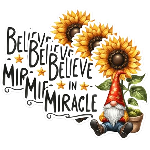 (3 Pack) Believe Miracle Decals - Gnome with Sunflower - Inspirational Sticker Decals - 3 Inches On Longest Side - Easy Peel & Apply - Made in USA - 3MCS1693
