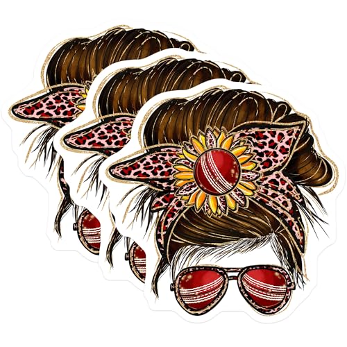 (3 Pack) Messy Bun Cricket Decals - Leopard Headband - Sporty Mom Laptop Decals - 3 Inches On Longest Side - Easy Peel & Apply - Made in USA - 3MCS4968