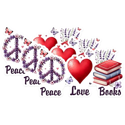 (3 Pack) Peace Love Books Decals - Floral Peace Sign - Heart and Books - Laptop Decals - 3 Inches On Longest Side - Easy Peel & Apply - Made in USA - 3MCS1569