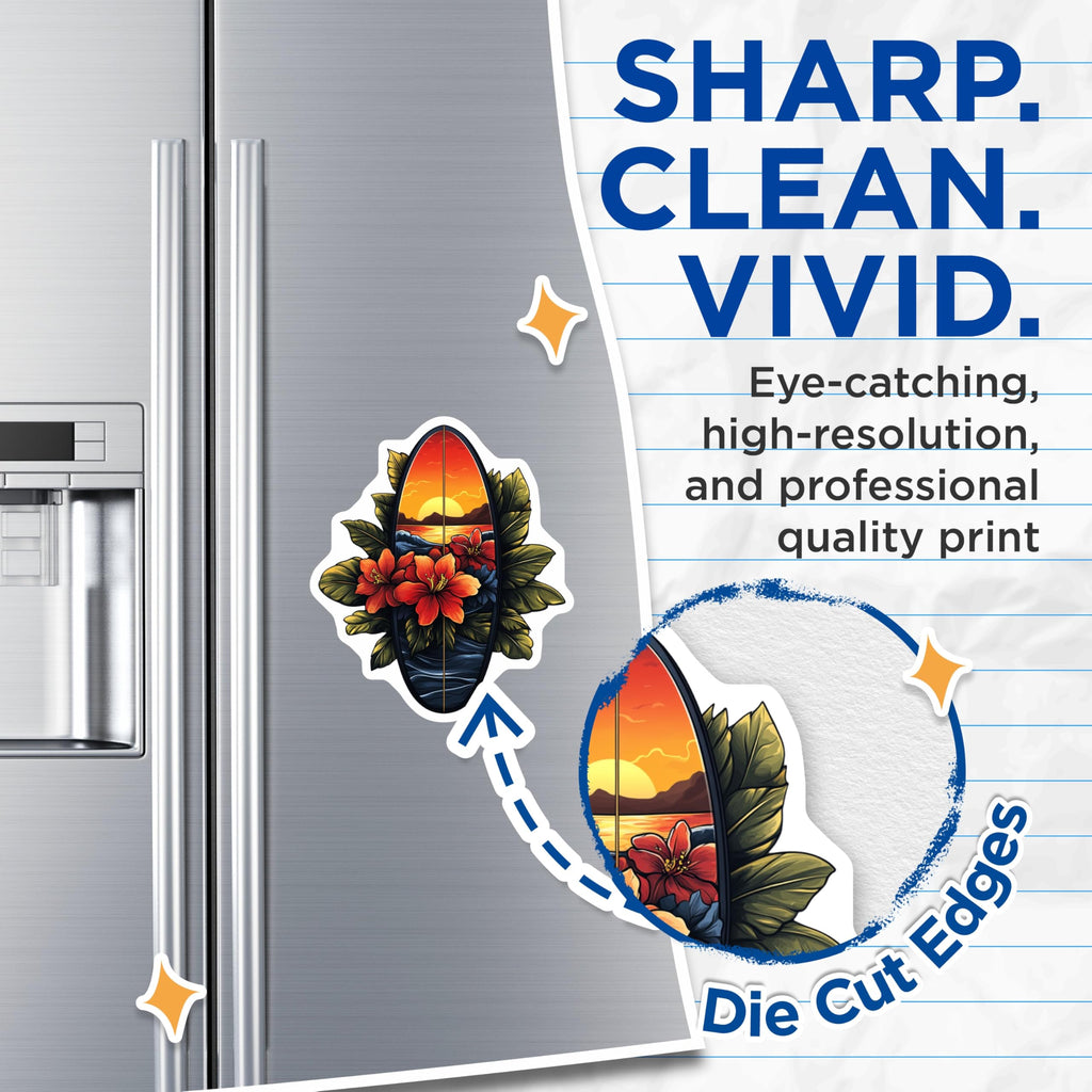 (2 Pack) Surfboard Sunset Magnets - Tropical Hibiscus Decor - Hawaiian Ocean Scene - Beach Vibe Accent - 5 Inches On Longest Side - Thick Durable Magnet - Made in USA - MAG29562