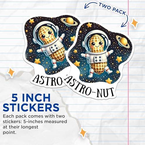 (2 Pack) Astronut Stickers - Cute Astronaut Peanut - Space Adventure - 5" On Longest Side - Sticks to Smooth Flat Surfaces - Made in USA - BMCS7588