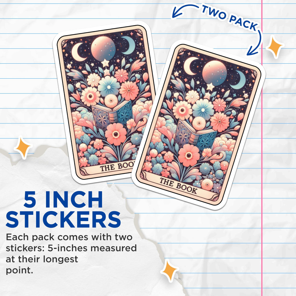(2 Pack) Illustrated Floral Moon Tarot Card Stickers - Boho Lunar Art Decal - Witchy Aesthetic Stickers - 5" On Longest Side - Sticks to Smooth Flat Surfaces - Made in USA - BMCS5357