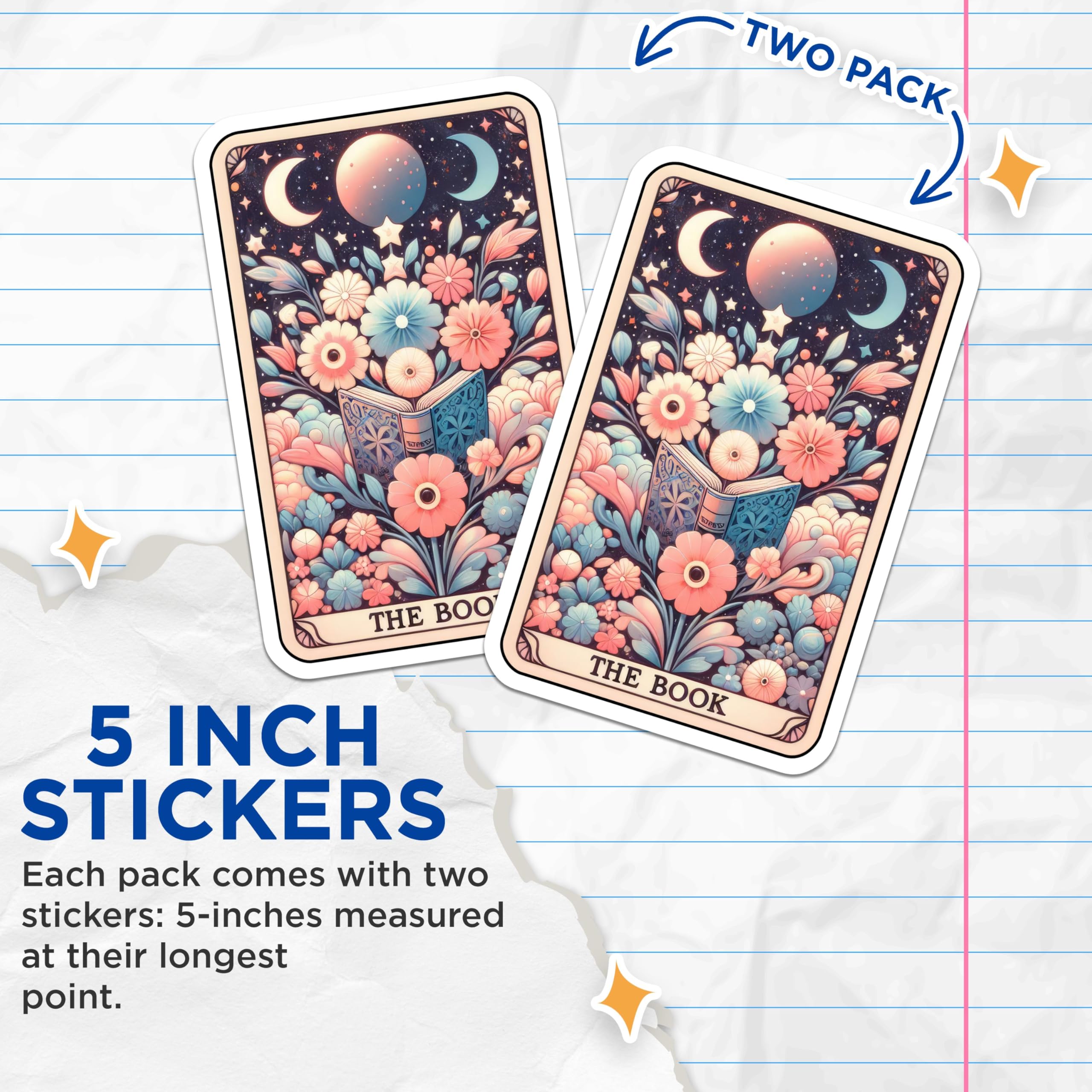 (2 Pack) Illustrated Floral Moon Tarot Card Stickers - Boho Lunar Art Decal - Witchy Aesthetic Stickers - 5" On Longest Side - Sticks to Smooth Flat Surfaces - Made in USA - BMCS5357