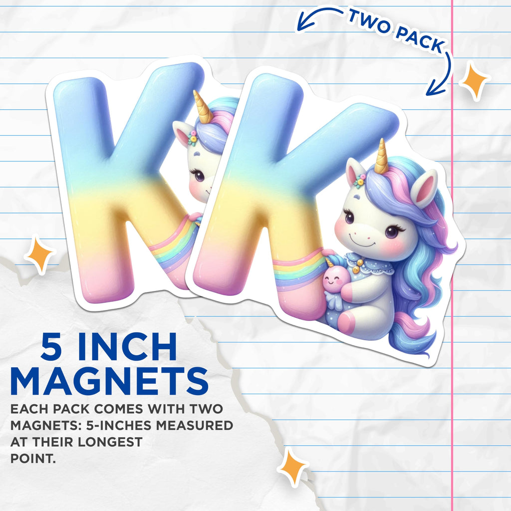 (2 Pack) Unicorn Letter K Magnets - Cute Initial Decor - Alphabet Refrigerator Art - 5" On Longest Side - Premium Magnet - for Cars, Refrigerators, Toolboxes, Lockers - Made in USA - MAG14779