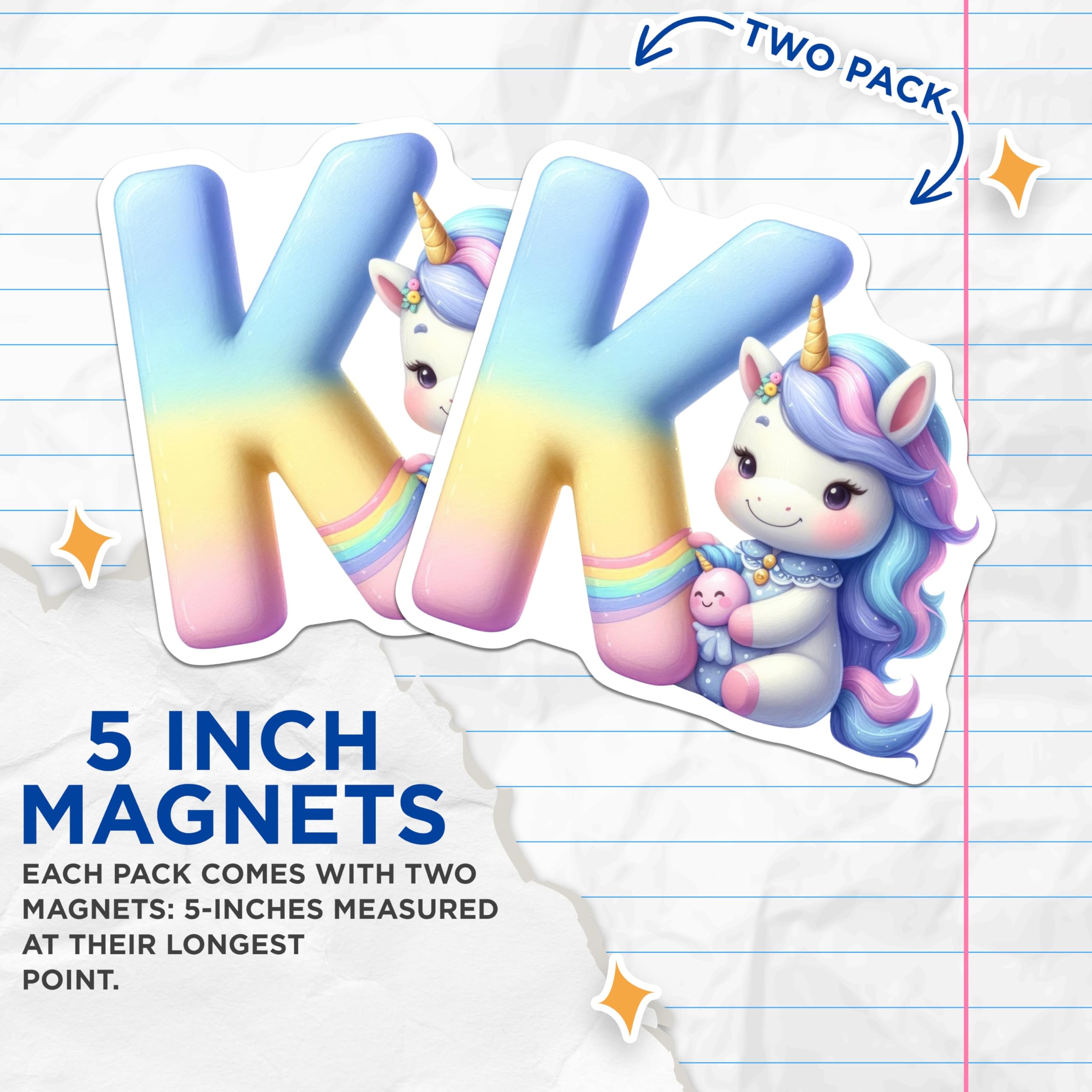 (2 Pack) Unicorn Letter K Magnets - Cute Initial Decor - Alphabet Refrigerator Art - 5" On Longest Side - Premium Magnet - for Cars, Refrigerators, Toolboxes, Lockers - Made in USA - MAG14779