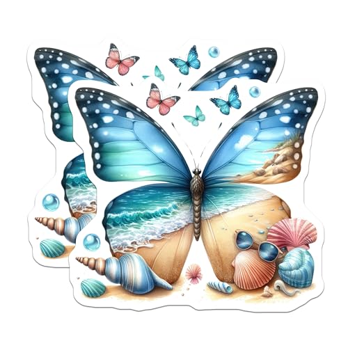 (2 Pack) Beautiful Butterfly Beach Scene Stickers - Ocean and Seashells Art - Nature Inspired Decals - 5" On Longest Side - Sticks to Smooth Flat Surfaces - Made in USA - BMCS7123