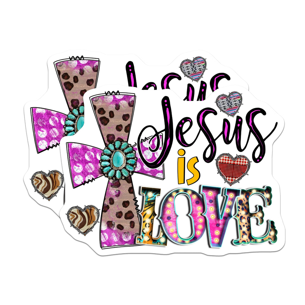 (2 Pack) Jesus is Love Magnets - Western Christian Faith Decor - Turquoise Leopard Print Cross Design - 5 Inches On Longest Side - Thick Durable Magnet - Made in USA - MAG26546