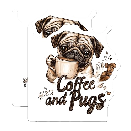 (2 Pack) Coffee and Pugs Stickers - Dog Lover Stickers - Cute Puppy Sticker - 5" On Longest Side - Sticks to Smooth Flat Surfaces - Made in USA - BMCS5107