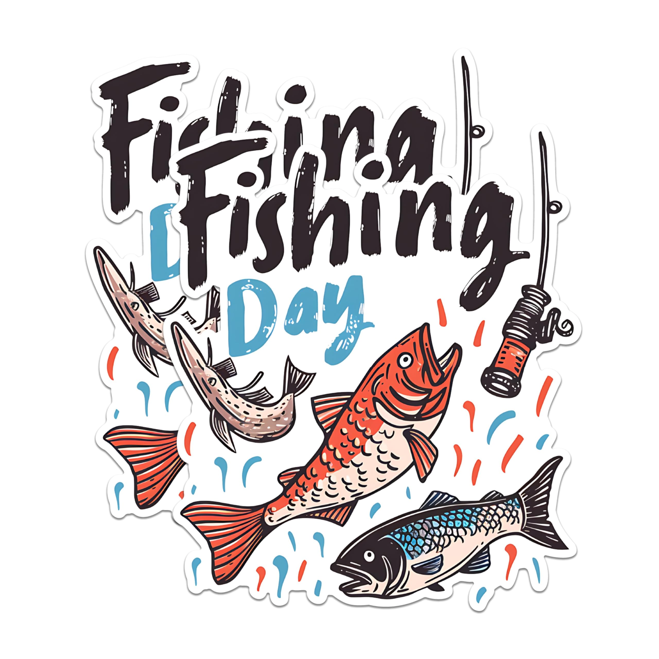 (2 Pack) Fishing Day Stickers - Fishing Rod Stickers - Fish Catching Stickers - 5" On Longest Side - Sticks to Any Smooth Flat Surface - Made in USA - BMCS2624