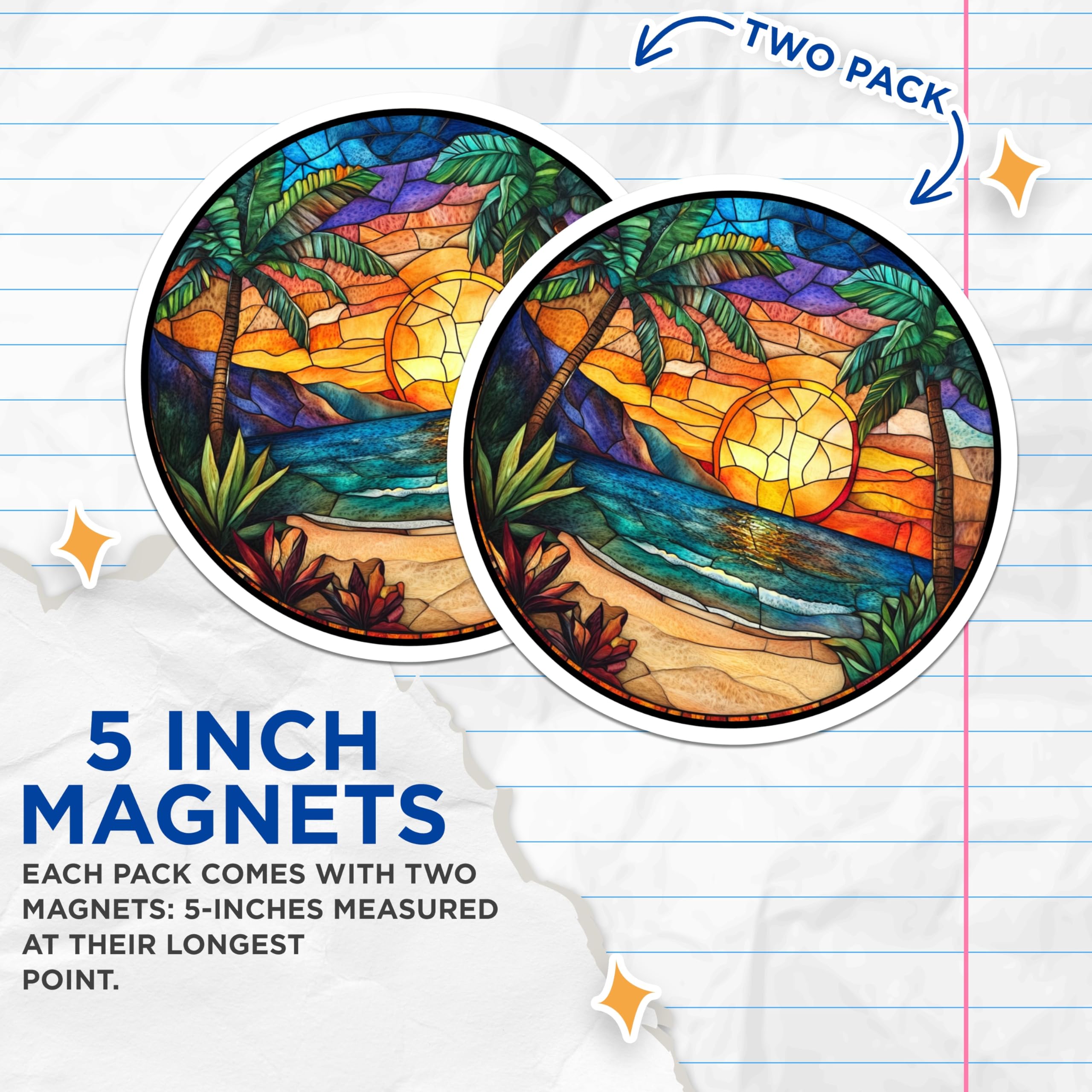 (2 Pack) Tropical Sunset Magnets - Stained Glass Beach Decor - Palm Tree Ocean View Fridge Art - 5 Inches On Longest Side - Thick Durable Magnet - Made in USA - MAG29454