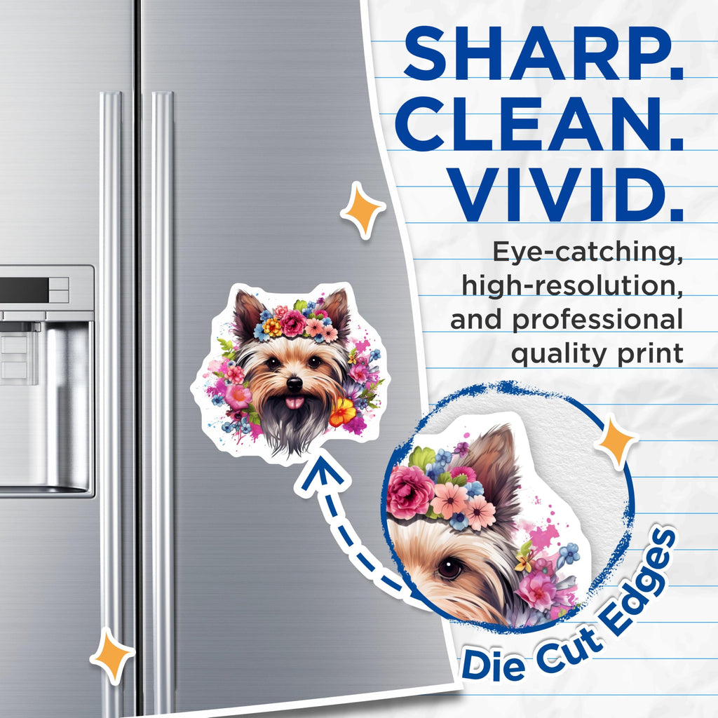 (2 Pack) Yorkie Flower Crown Magnets - Dog Mom Refrigerator Decor - Pet Lover Animal Art - 5 Inches On Longest Side - Thick Durable Magnet - Made in USA - MAG28457