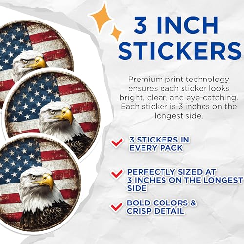 (3 Pack) American Eagle Decals - Patriotic Stickers - Laptop Decor - 3 Inches On Longest Side - Easy Peel & Apply - Made in USA - 3MCS0049