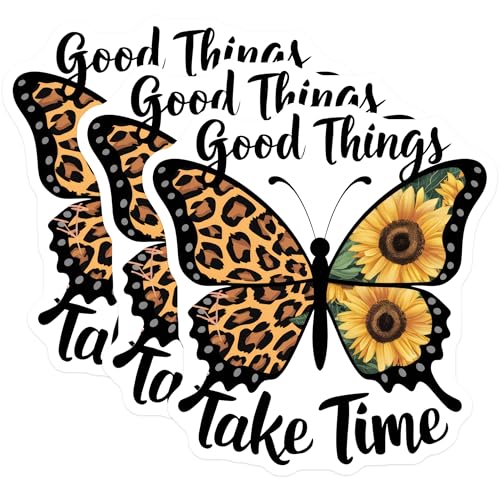 (3 Pack) Butterfly Decals - Leopard Print Sunflower - Good Things Take Time - 3 Inches On Longest Side - Easy Peel & Apply - Made in USA - 3MCS7581