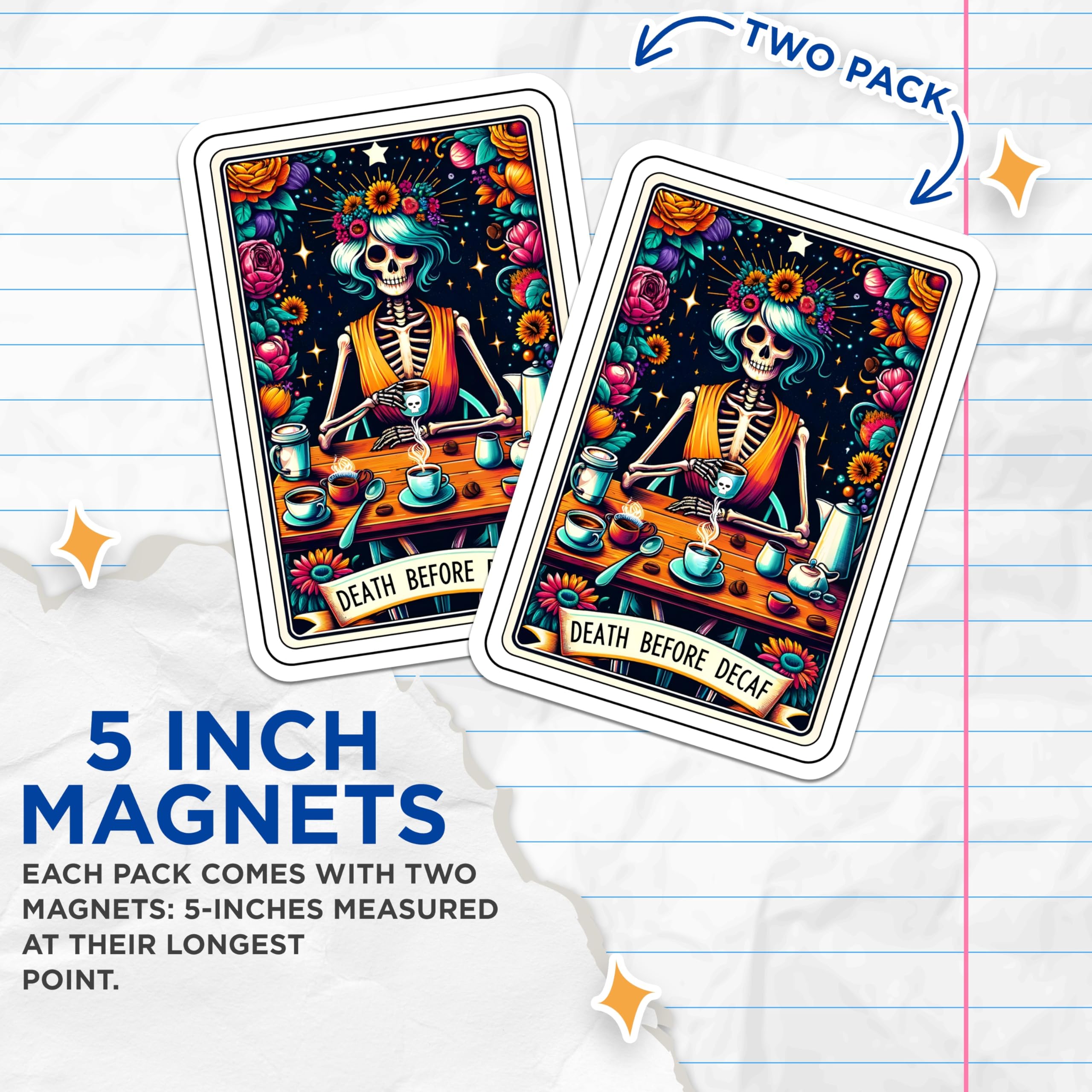 (2 Pack) Death Before Decaf Magnets - Skeleton Coffee Lover - Day of the Dead Art - Quirky Fridge Decor - 5 Inches On Longest Side - Thick Durable Magnet - Made in USA - MAG25327