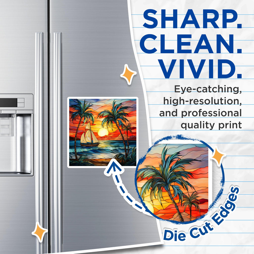 (2 Pack) Stained Glass Sunset Magnets - Tropical Beach Decor - Ocean Sailboat Art - Coastal Vibes - 5 Inches On Longest Side - Thick Durable Magnet - Made in USA - MAG25854