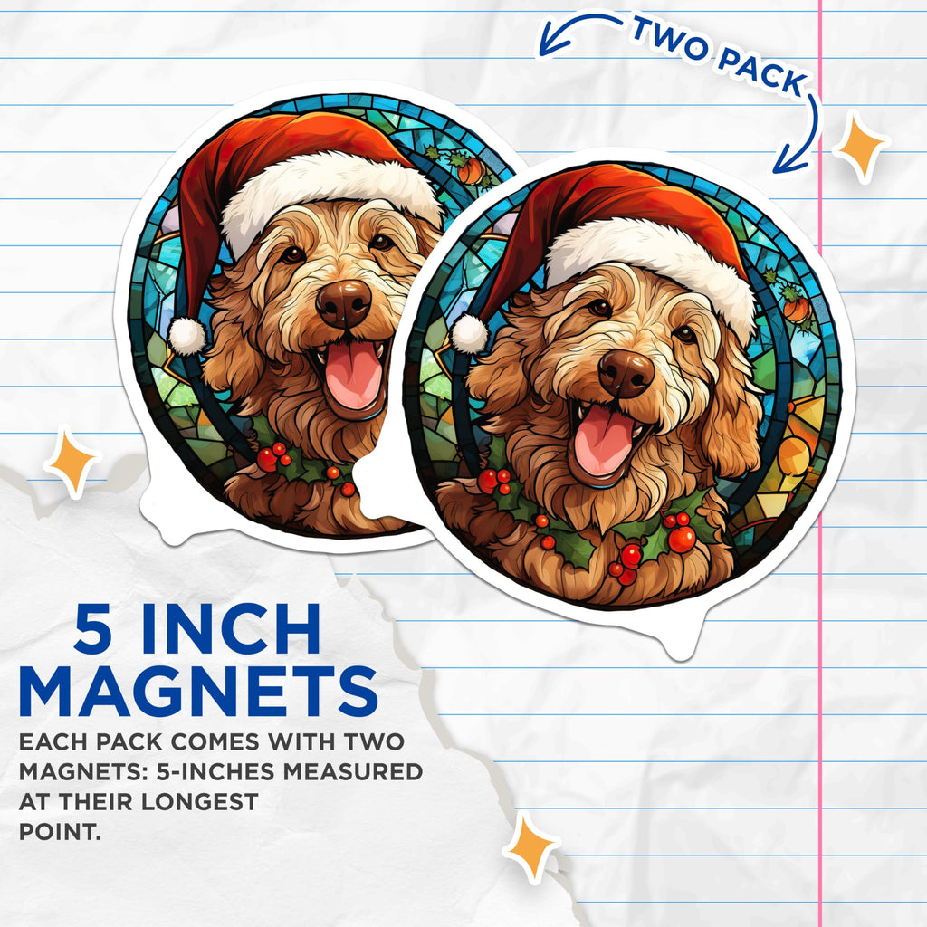 (2 Pack) Goldendoodle Christmas Magnets - Happy Doodle Dog - Stained Glass Pet Art Refrigerator Magnets - 5 Inches On Longest Side - Thick Durable Magnet - Made in USA - MAG29280