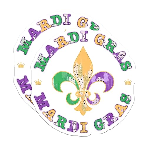 (2 Pack) Mardi Gras Stickers - Fleur De Lis Decal - Fat Tuesday Decorations - 5" On Longest Side - Sticks to Smooth Flat Surfaces - Made in USA - BMCS6380